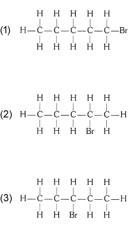 3 Structures of Bromopentane and three structural isomers of Bromopentane